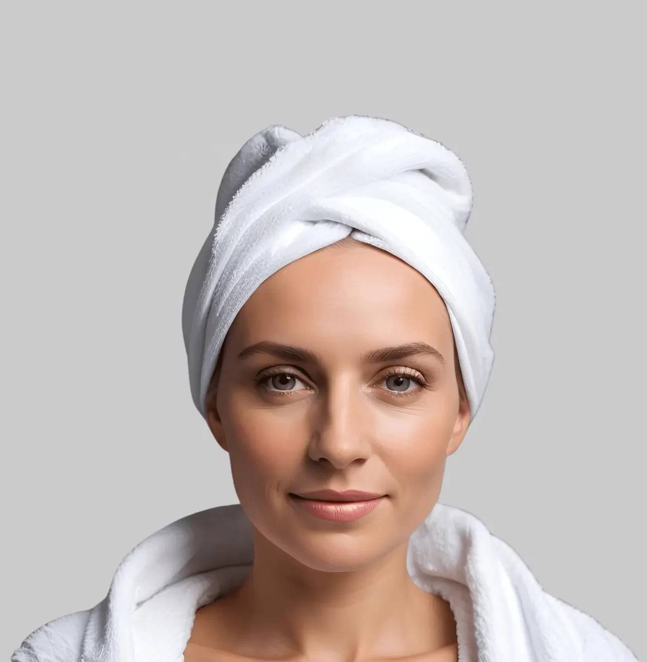 Frau mit Handtuch-Turban nach dem japanischen Head Spa bei La Ri Kosmetik und Spa